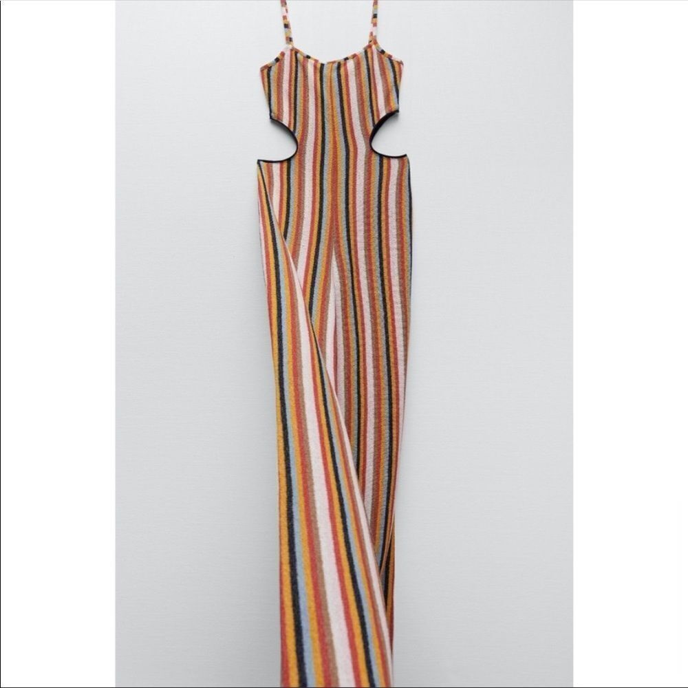 Zara Knit Terrycloth Striped Jumpsuit Womens Side Cut Out Rainbow Cotton - Picture 5 of 11